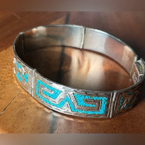 GM 10 MEXICO 925 STERLING SILVER TURQUOISE INLAY Hinge BRACELET 6.75” clasp 22g - Picture 3 of 16